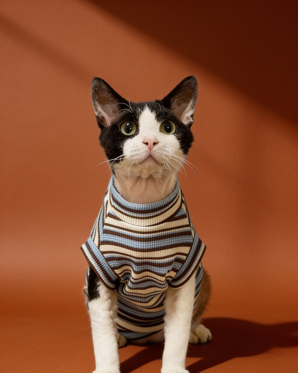 Sphynx cat wearing a lightweight striped cotton shirt