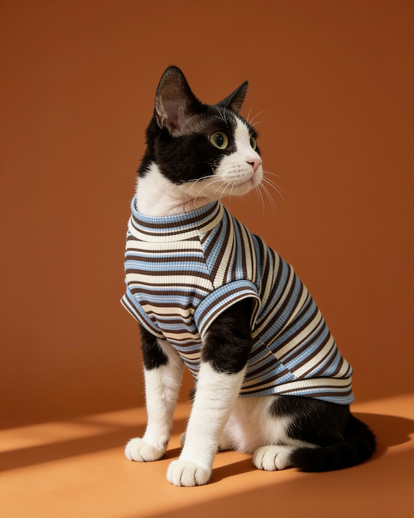 Sphynx cat wearing a lightweight striped cotton shirt