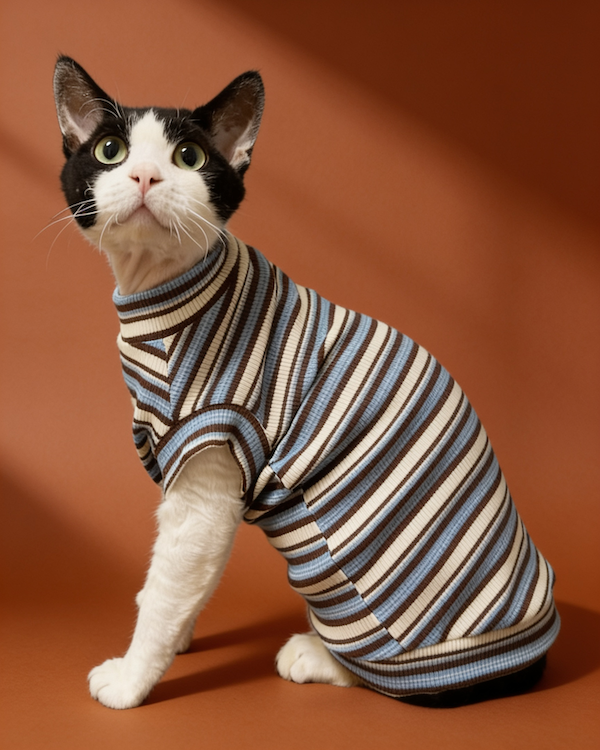 Sphynx cat wearing a lightweight striped cotton shirt