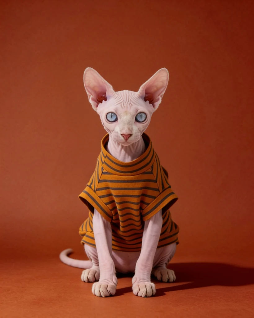 Sphynx cat wearing a lightweight orange striped cotton tee 