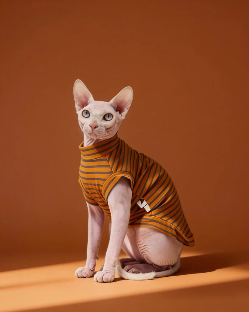 Sphynx cat wearing a lightweight orange striped cotton tee 