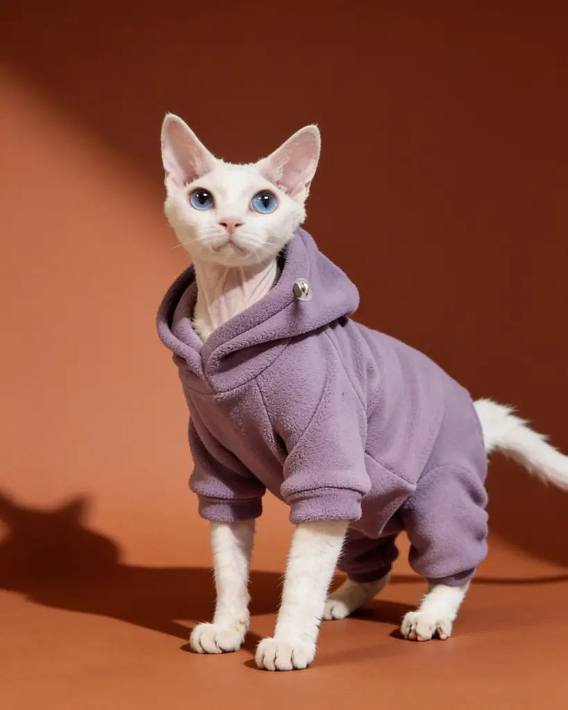 White Sphynx cat wearing a cotton hooded onesie for winter warmth