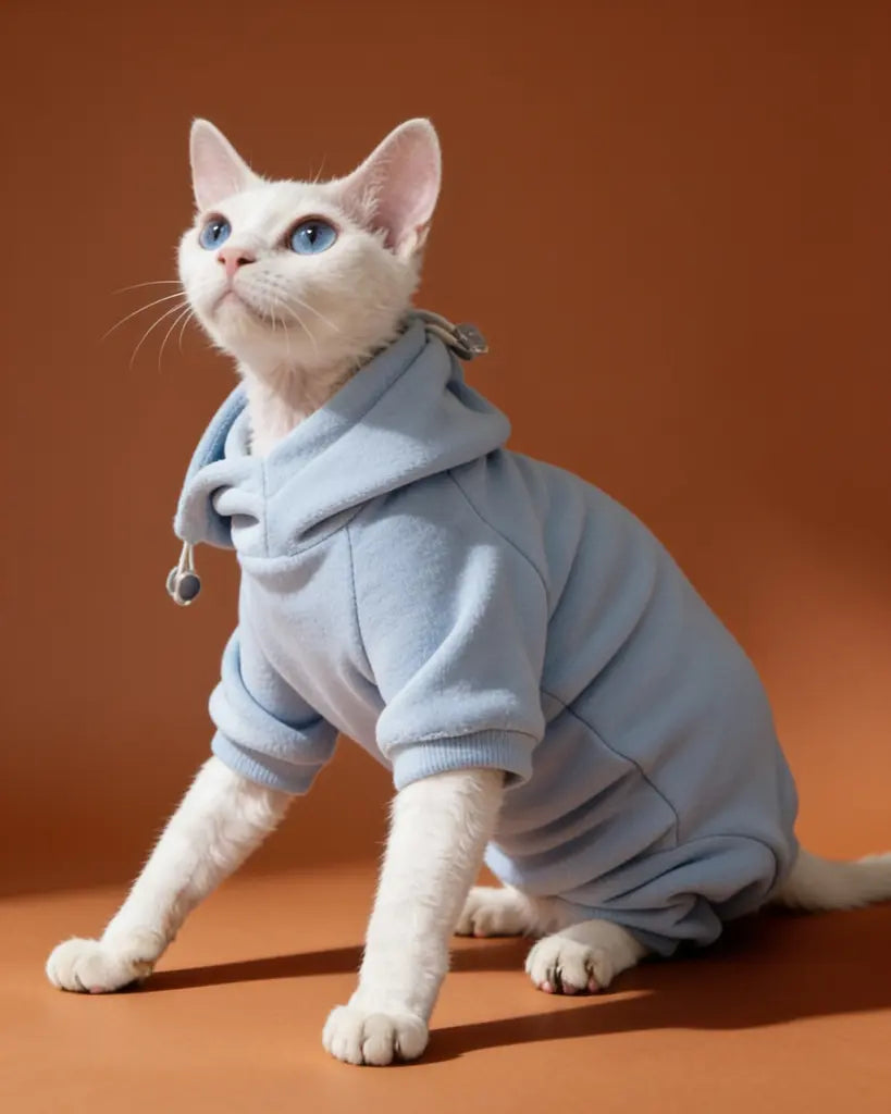 White Sphynx cat wearing a cotton hooded onesie for winter warmth