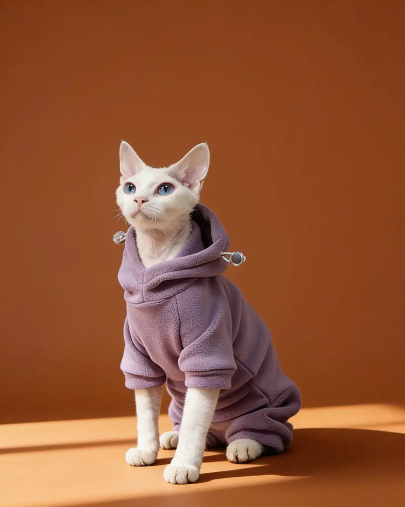 White Sphynx cat wearing a cotton hooded onesie for winter warmth