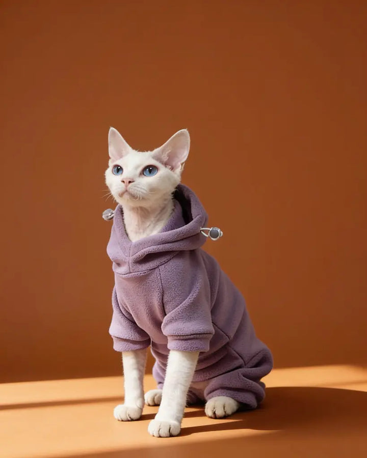 White Sphynx cat wearing a cotton hooded onesie for winter warmth