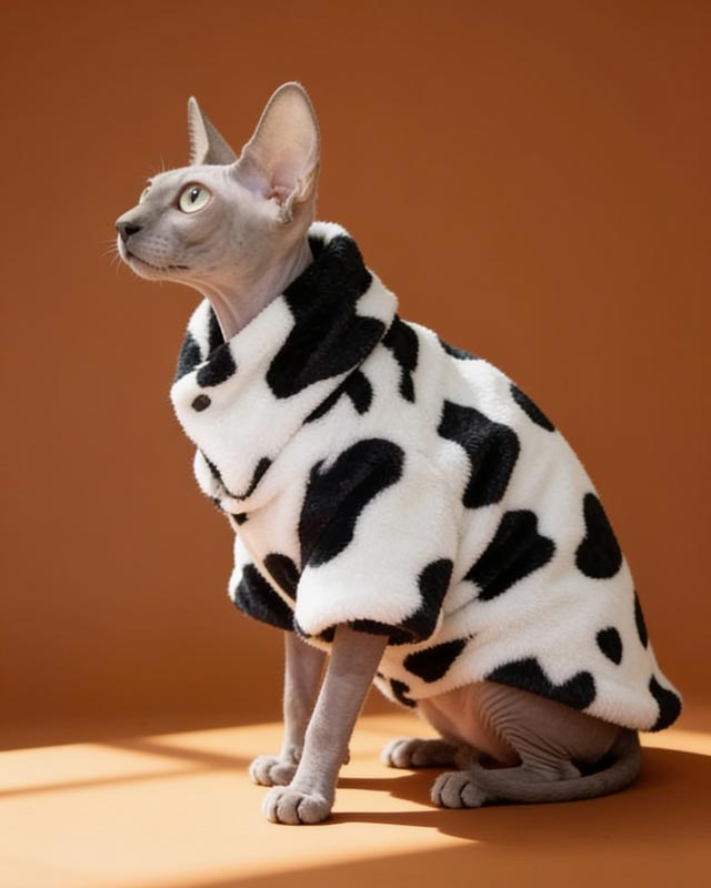 Cat wearing a cow print outfit on a wooden surface with a blurred background
