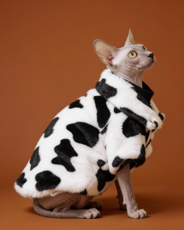 Cat wearing a cow print outfit with a yellow curtain in the background
