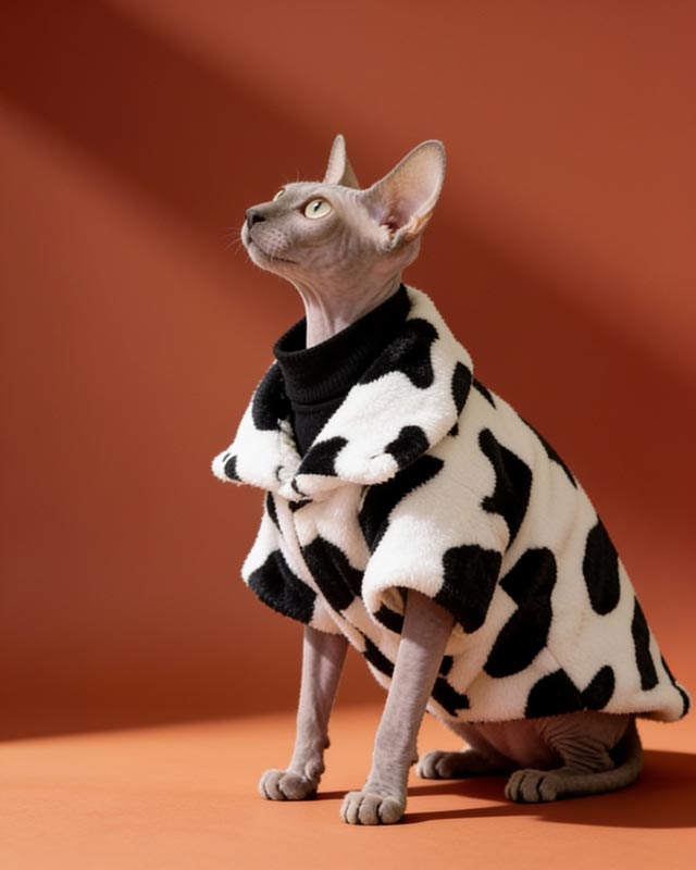 Cat wearing a cow-patterned outfit on an orange blanket