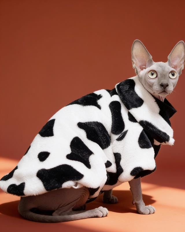 Cat wearing a black and white cow print outfit on a brown surface with a blue curtain background