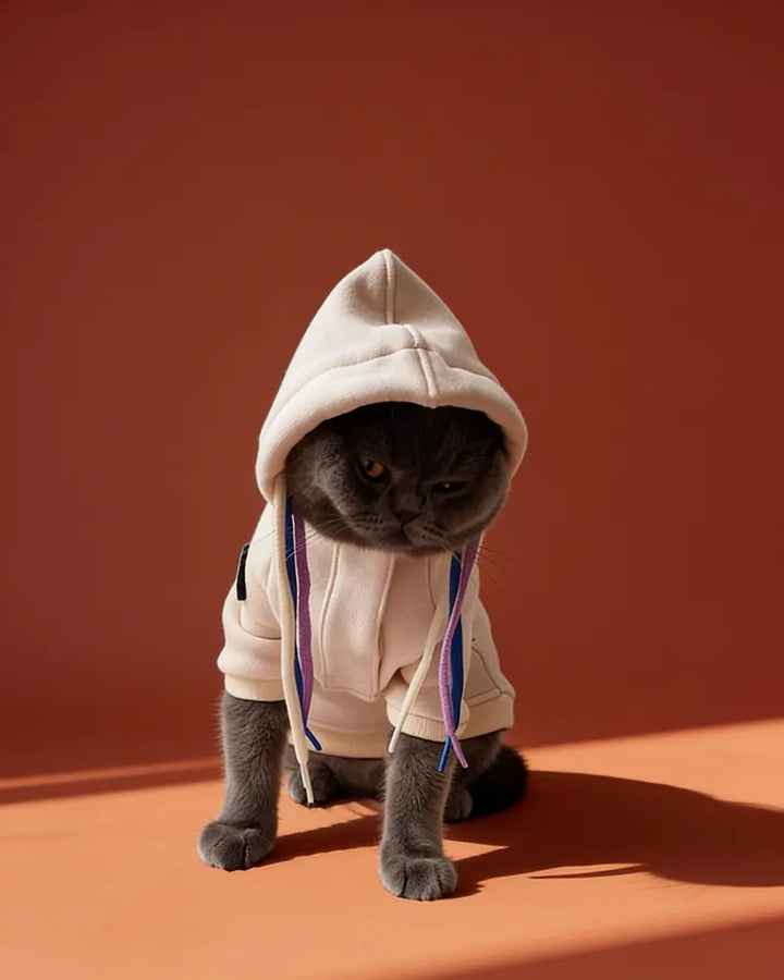 A gray cat wearing a cream-colored pet hoodie with purple and blue drawstrings.