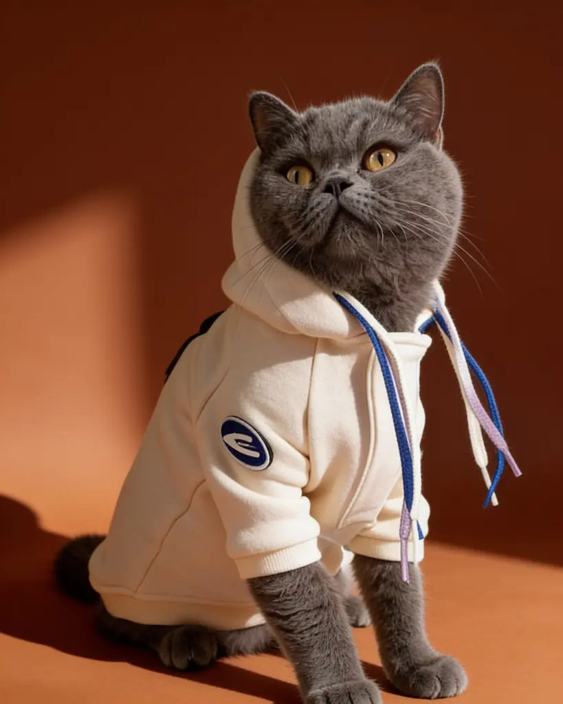 A gray cat wearing a cream-colored pet hoodie with blue and white drawstrings.