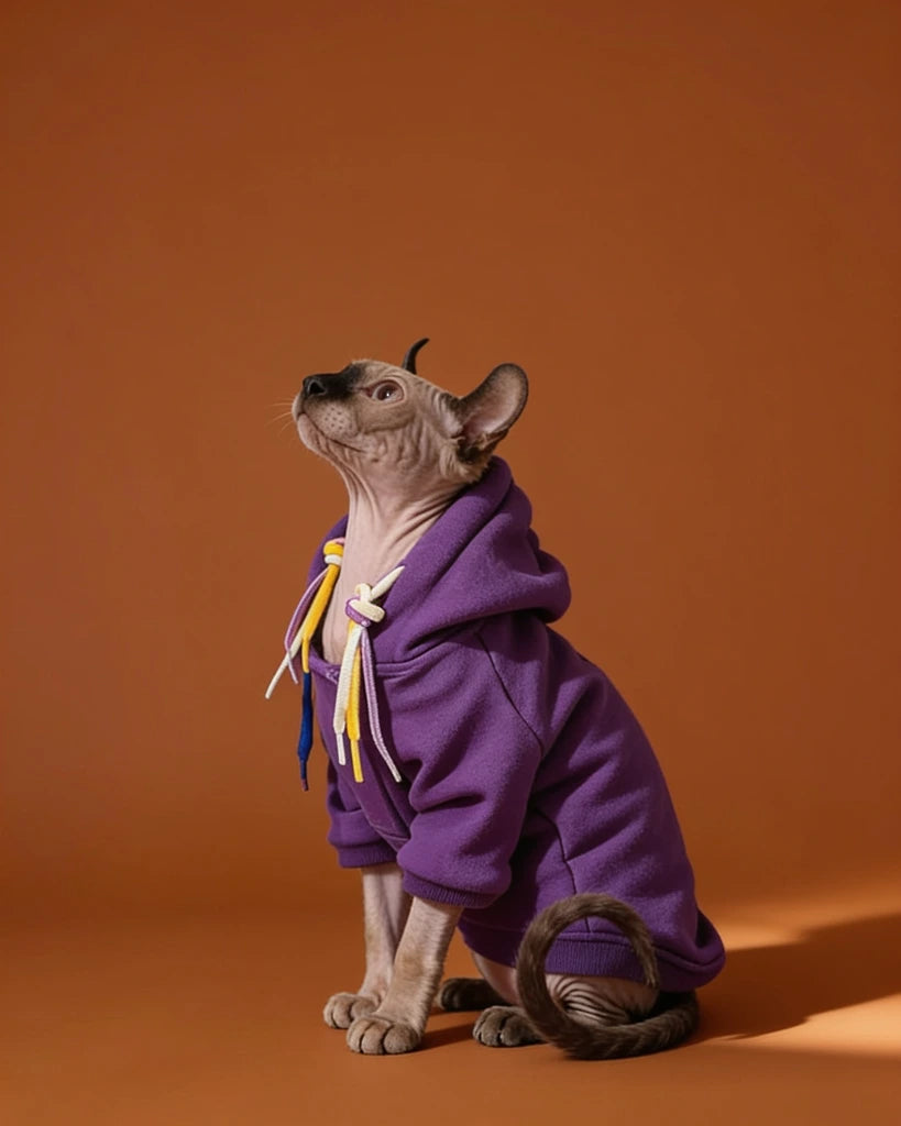 A hairless Sphynx cat wearing a purple pet hoodie with white, yellow, and blue drawstrings.