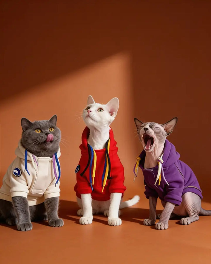 Three cats wearing colorful hoodies posed against a warm orange-brown studio background. The cat on the left is gray and wears a cream hoodie with blue and purple drawstrings.