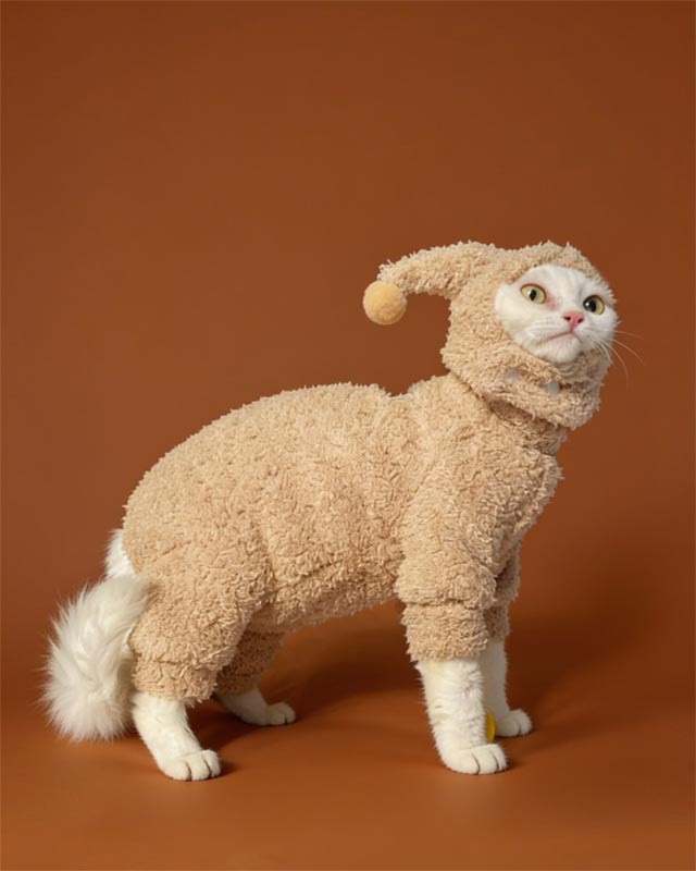 Cat wearing a beige sweater standing on a bed in a room.