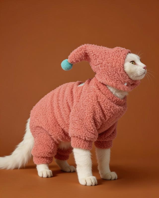 Cat wearing a pink outfit with a hat on a bed with colorful balls