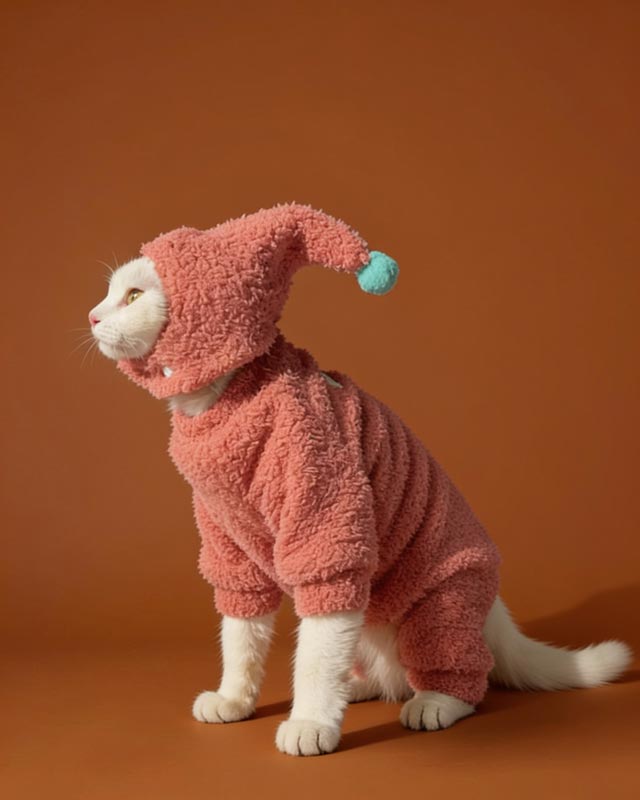 Cat wearing a pink fleece outfit on a bed with a dark wall and circular light fixture in the background.