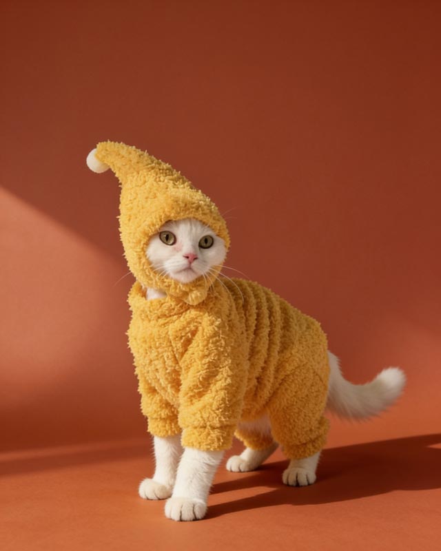 Cat wearing a yellow outfit with a hat on a wooden surface.