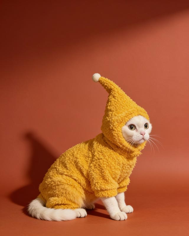 Cat wearing a yellow outfit with a hat on a wooden floor.