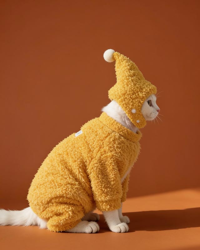 Cat in a yellow outfit lying on a bed with sunlight filtering through.