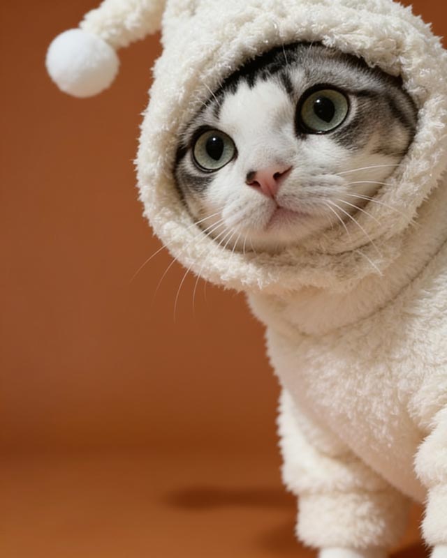 Cat wearing a fluffy white hat with a pom-pom on a soft background