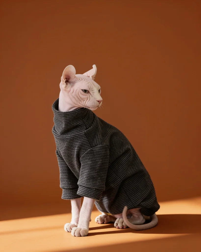 Sphynx cat wearing a soft black striped fleece onesie for fall and winter warmth