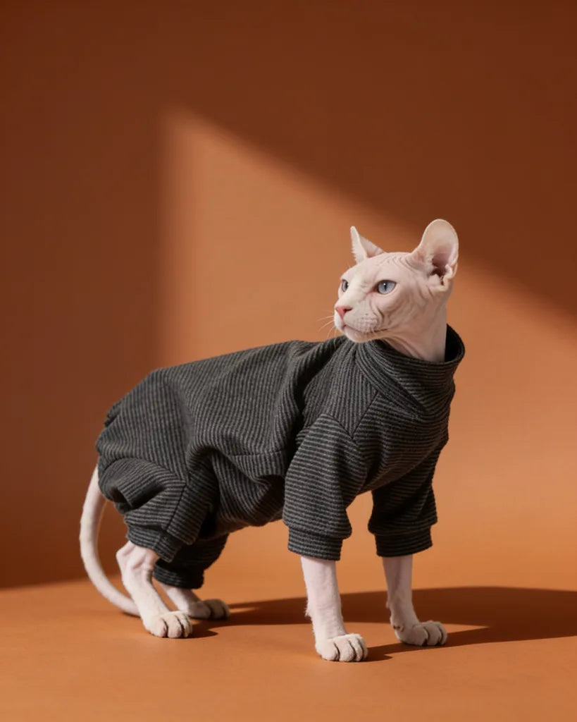 Sphynx cat wearing a soft black striped fleece onesie for fall and winter warmth