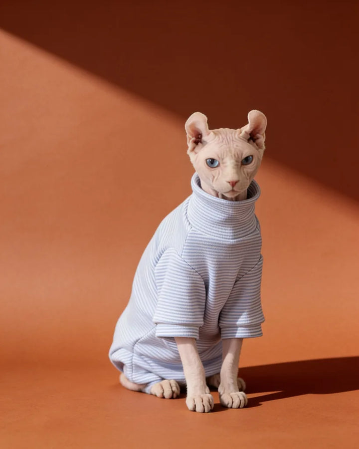 A hairless cat wearing a light blue and white striped turtleneck pet sweater.