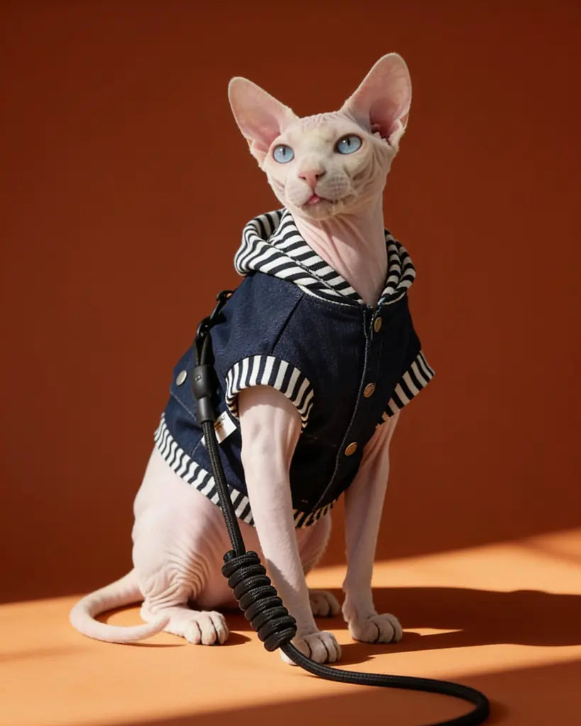 Sphynx cat wearing a blue cotton denim-style harness jacket with leash
