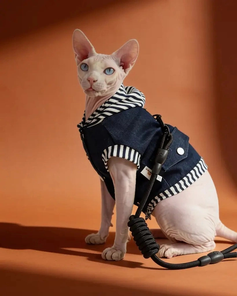 Sphynx cat wearing a blue cotton denim-style harness jacket with leash