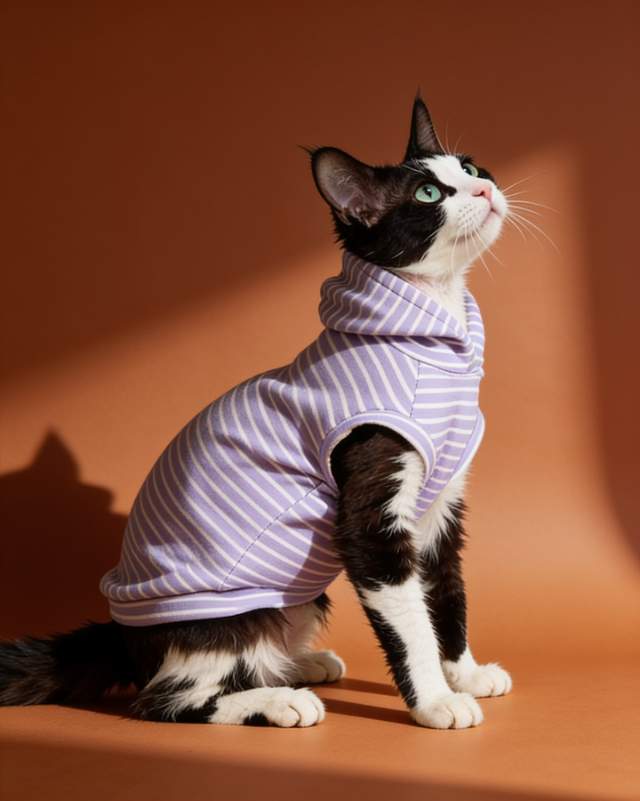 Black and white Sphynx cat wearing a lavender striped sleeveless hooded sweater