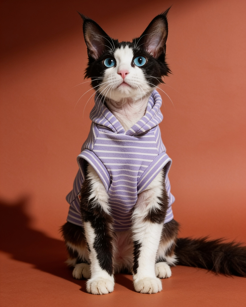 Black and white Sphynx cat wearing a lavender striped sleeveless hooded sweater