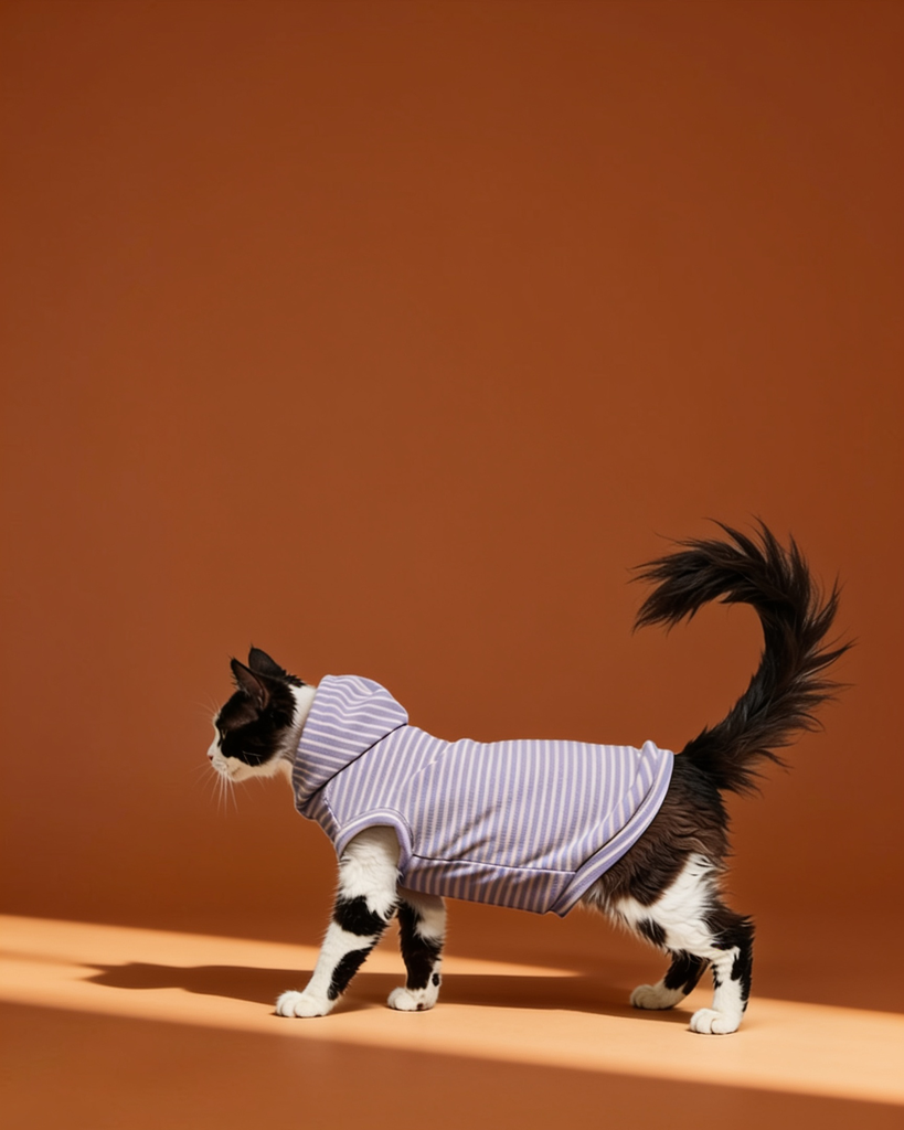 Black and white Sphynx cat wearing a lavender striped sleeveless hooded sweater