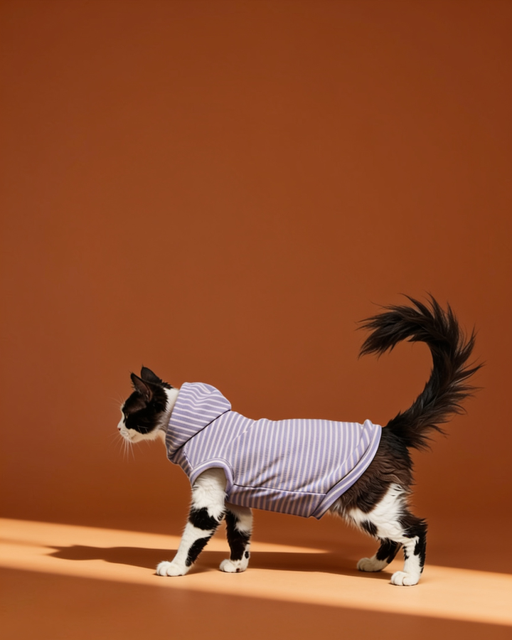 Black and white Sphynx cat wearing a lavender striped sleeveless hooded sweater