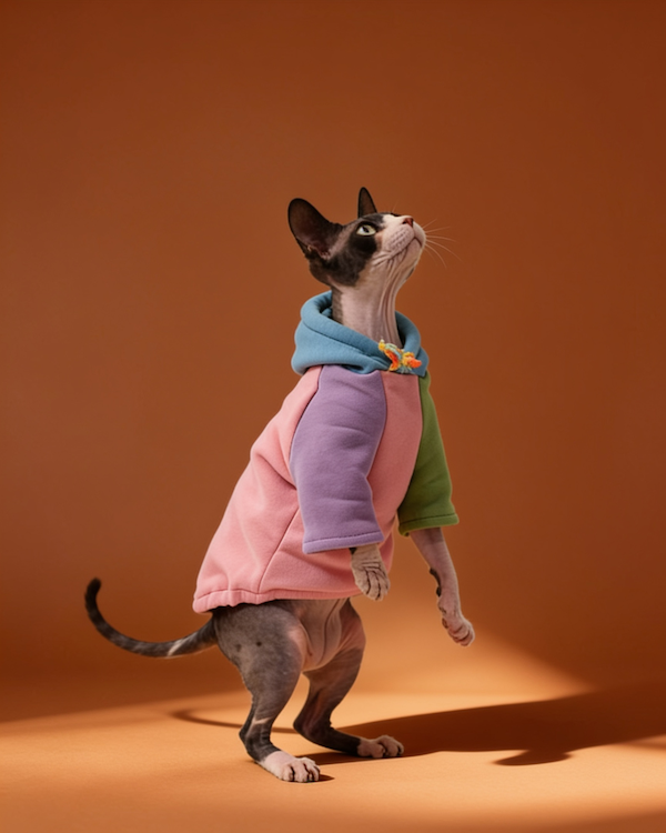 Sphynx cat wearing a colorful warm hooded sweatshirt for fall and winter