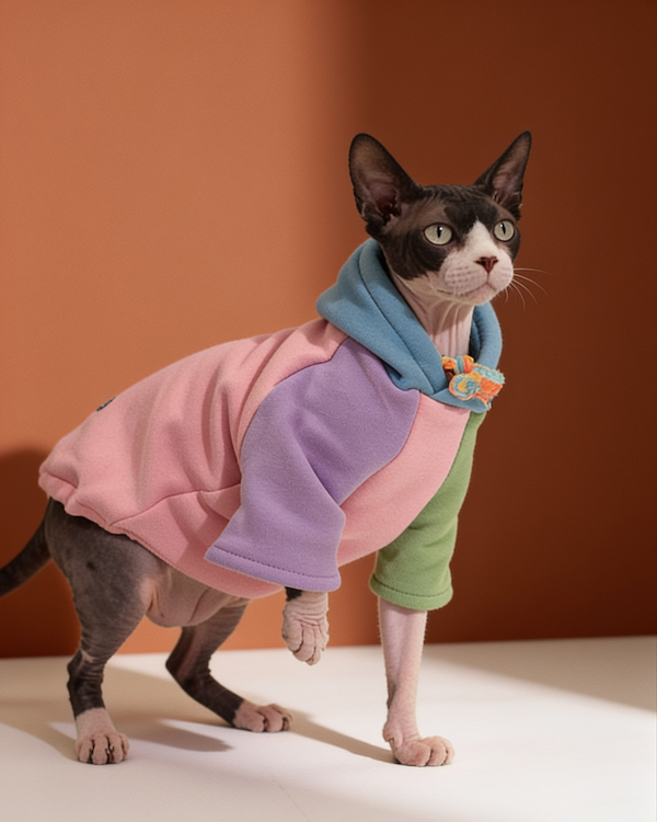 Sphynx cat wearing a colorful warm hooded sweatshirt for fall and winter