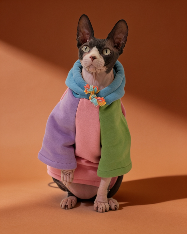 Sphynx cat wearing a colorful warm hooded sweatshirt for fall and winter