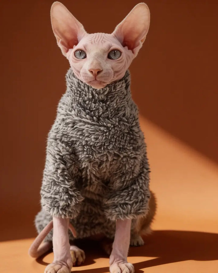 Sphynx cat wearing a gray plush highneck sweater for autumn and winter warmth
