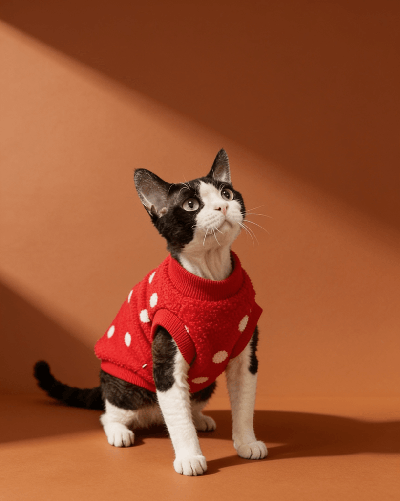 A black and white cat wearing a red sweater with white polka dots, sitting on a warm brown studio background with dramatic diagonal lighting.