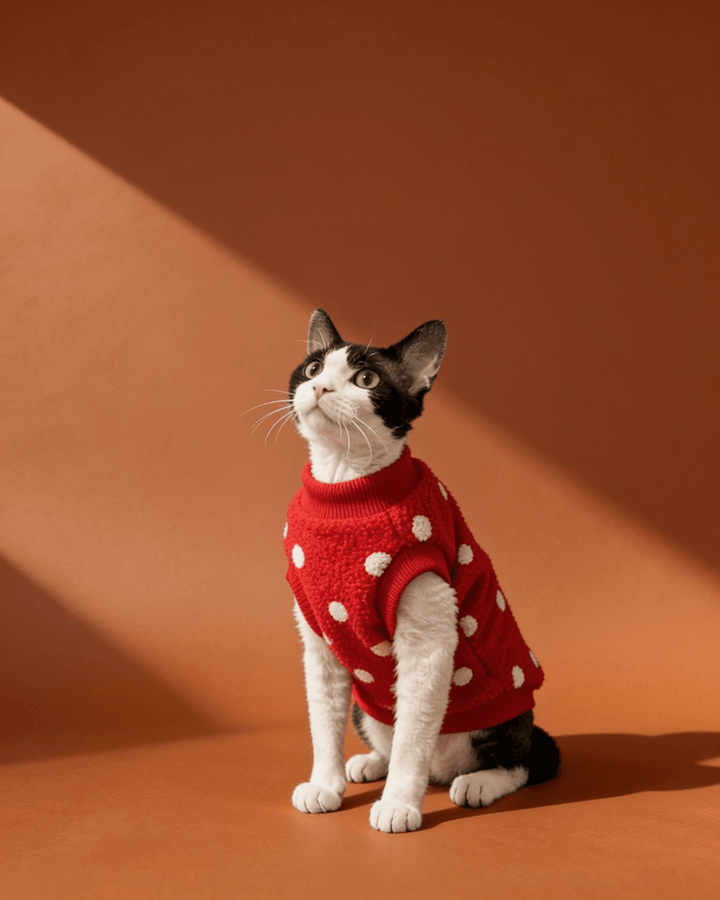 A black and white cat wearing a red sweater with white polka dots, sitting on a warm terracotta background.