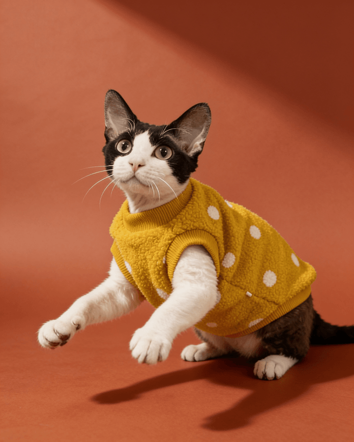 Sphynx cats wearing warm polka dot teddy fleece sweaters for fall and winter in gold color.