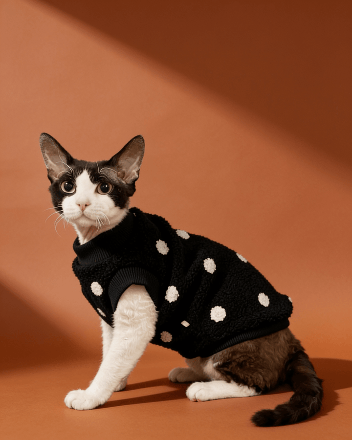 Sphynx cats wearing warm polka dot teddy fleece sweaters for fall and winter in black color.