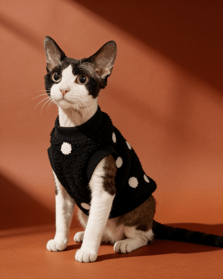A black pet sweater with white polka dots worn by a black-and-white cat, posed against a warm terracotta background.