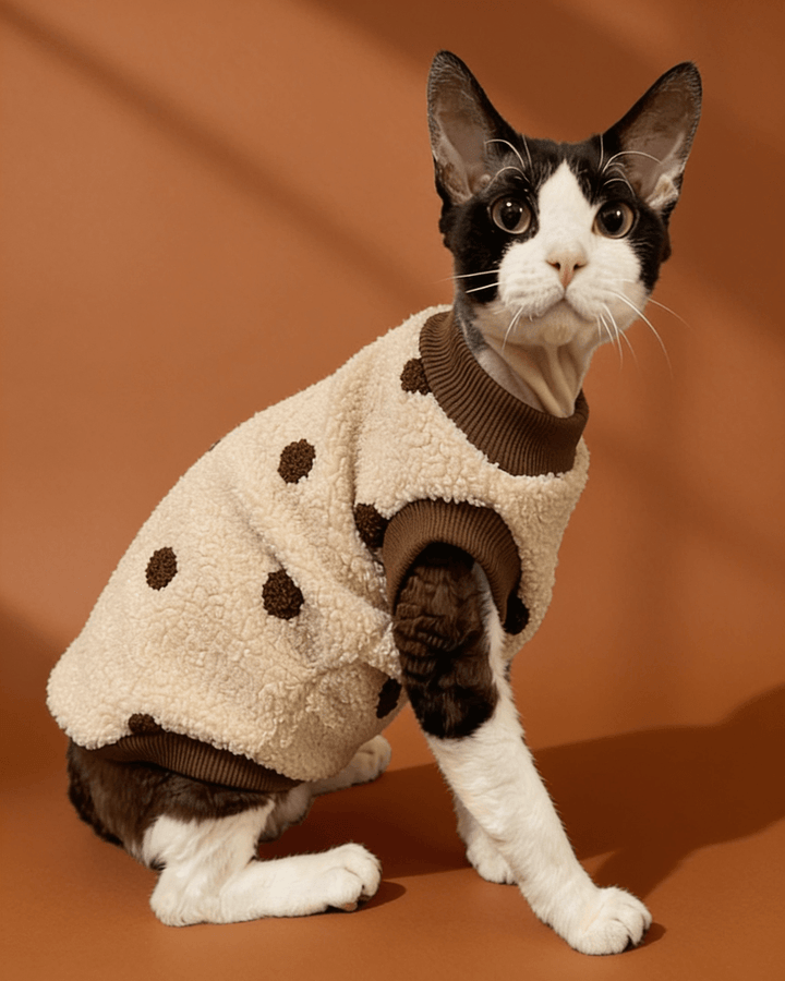 A black-and-white cat wearing a cream sherpa pet sweater with brown polka dots and ribbed brown trim, posed against a warm brown studio backdrop.