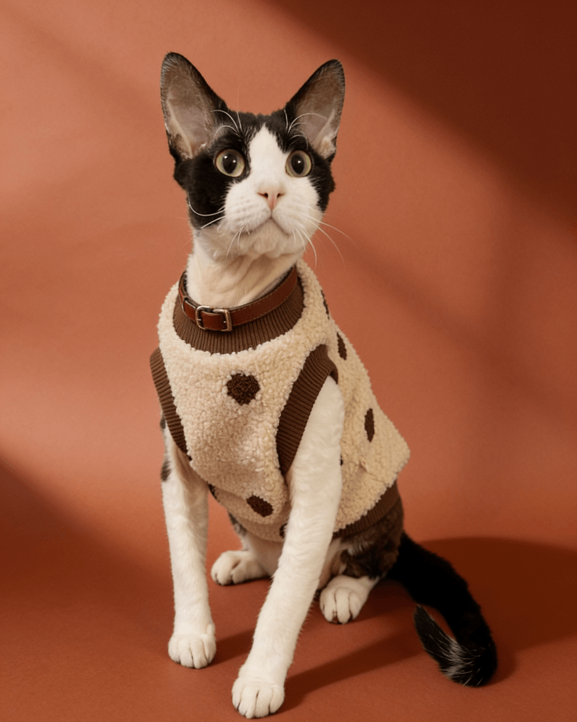 A black and white cat wearing a brown and cream spotted sweater vest, sitting against a warm terracotta background.