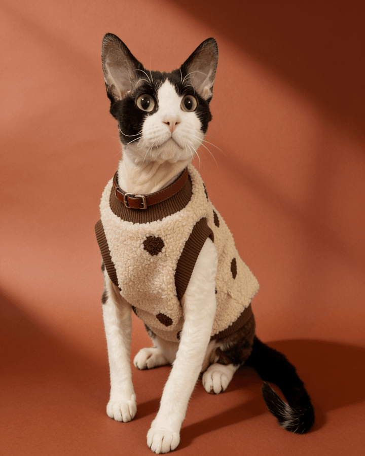 A black and white cat wearing a brown and cream spotted sweater vest, sitting against a warm terracotta background.