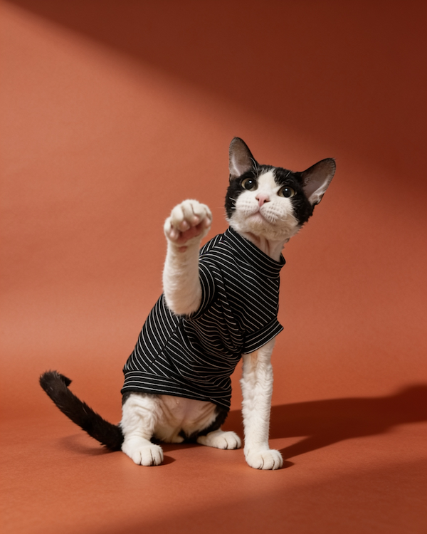 Sphynx cat wearing striped lightweight cotton summer shirts