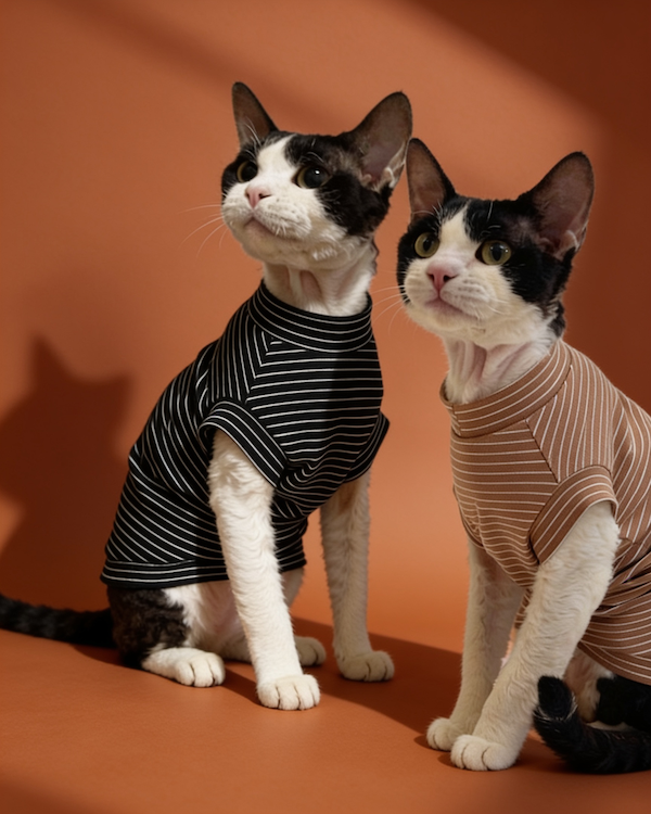 Sphynx cats wearing striped lightweight cotton summer shirts