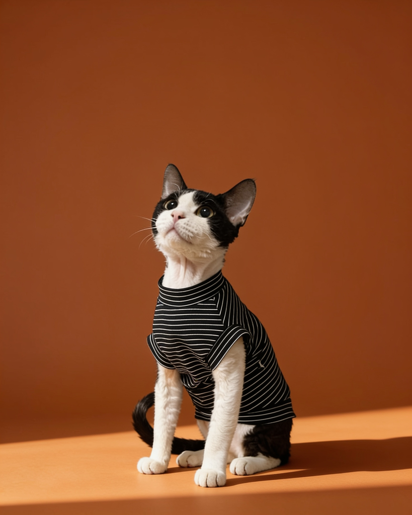 Sphynx cat wearing striped lightweight cotton summer shirts