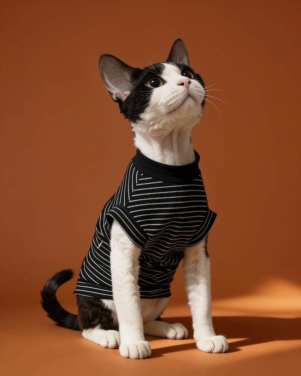 Sphynx cat wearing striped lightweight cotton summer shirts