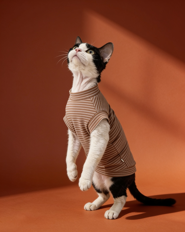 Sphynx cat wearing striped lightweight cotton summer shirts